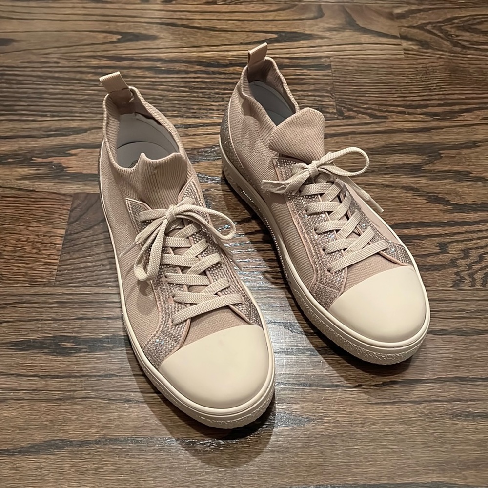 René Caovilla Knit Strass Sock Sneakers In Tan